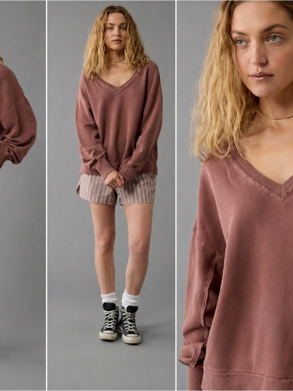 American Eagle Seriously Lived-In V-Neck Sweatshirt Dusty Rose Size Large